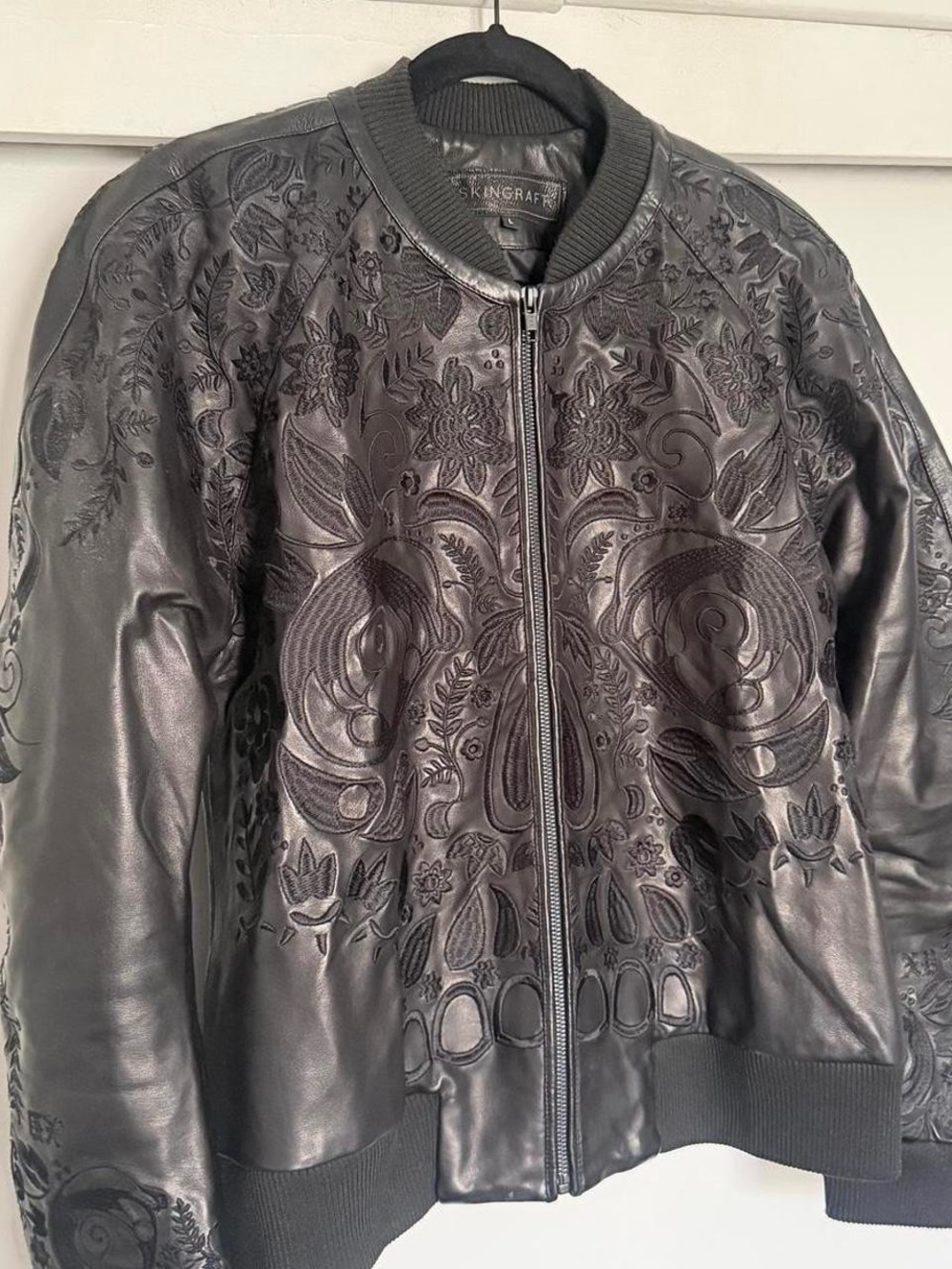 Skingraft Black Embossed Leather Floral Bomber Jacket